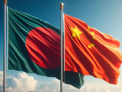 realistic flags of Bangladesh and China on a clear blue sky background